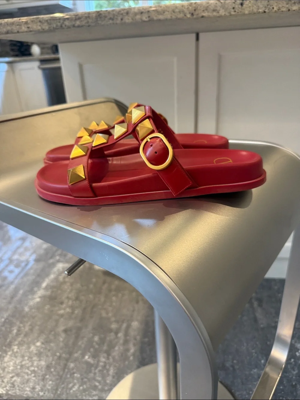 Valentino Rockstud Leather Roman Red Slide Sandals - Picture 2 of 12